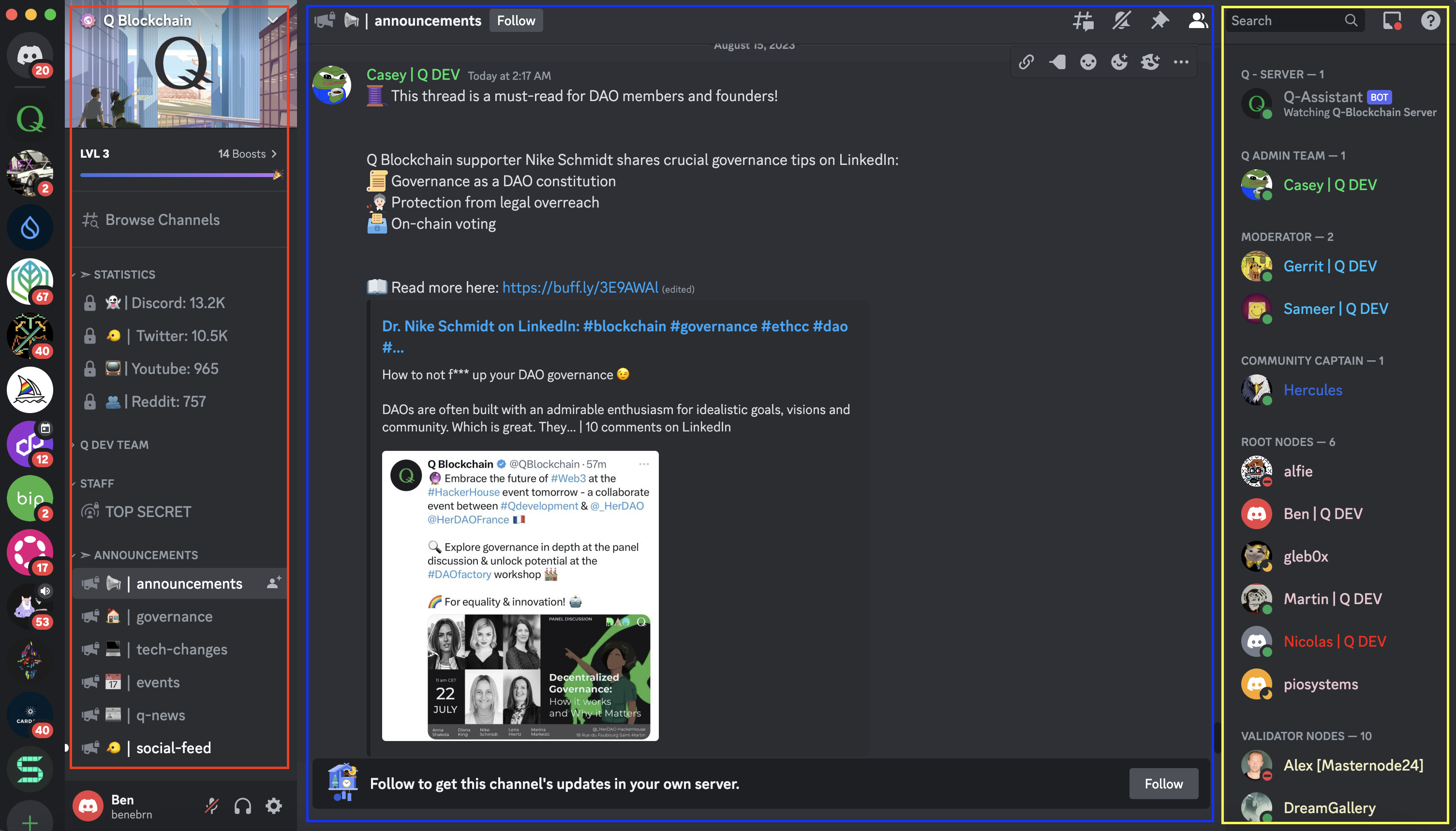 A screenshot of Q's Discord server